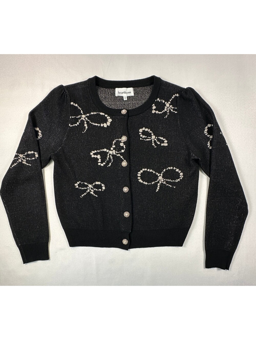 Heartloom Katari Bow Cardigan Sweater Women's Size Small Black Lurex Sparkle